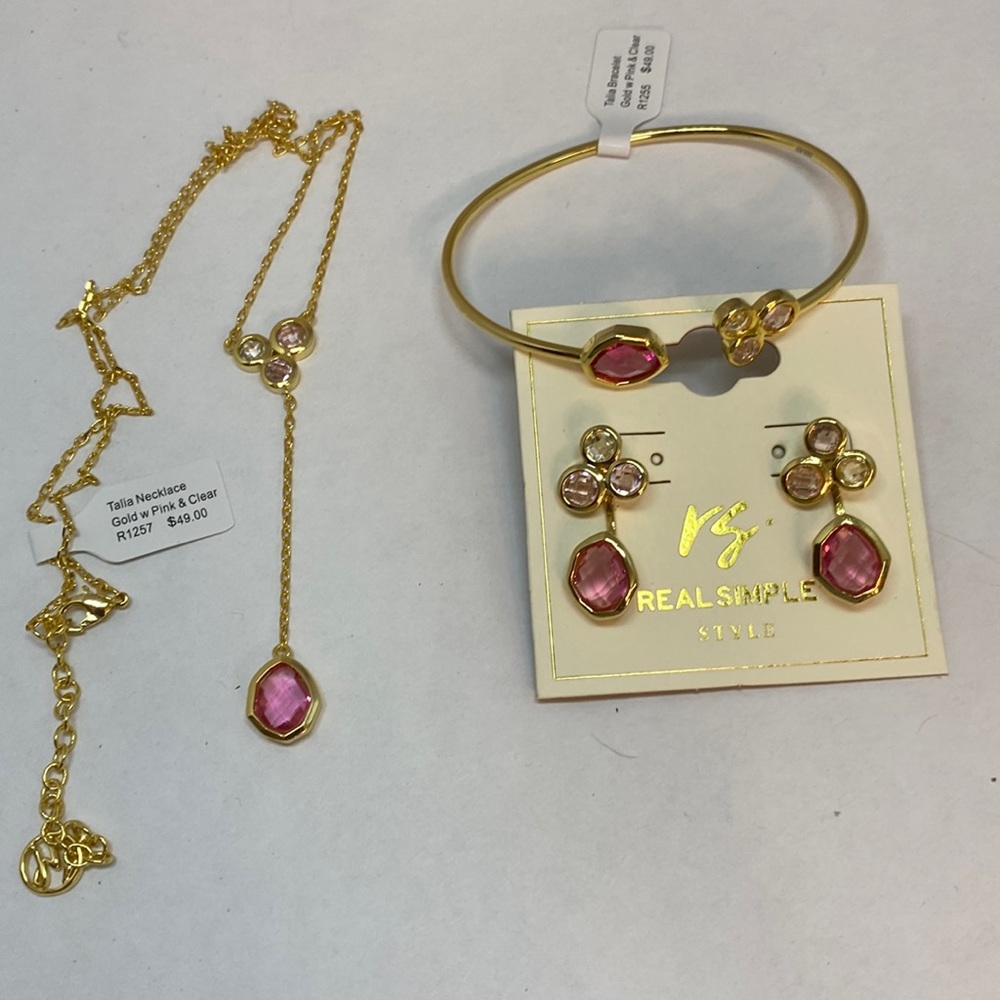 Set of 3, gold with pink and clear necklace, bracelet and earrings